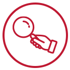 A red circle with a hand holding a magnifying glass.