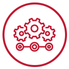 A red and black icon of a gear wheel.